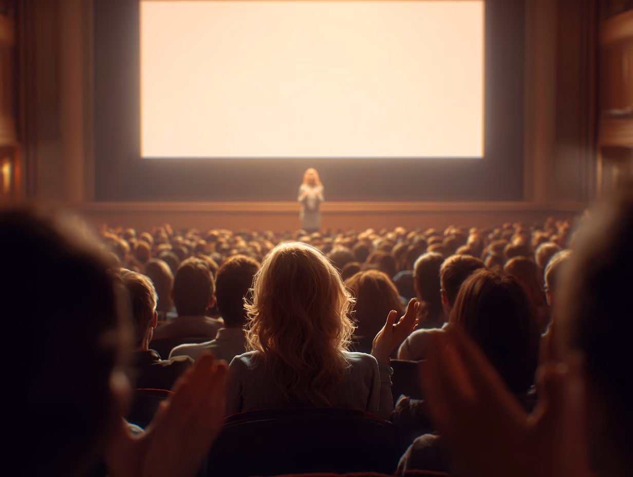 A speaker addresses a full auditorium.